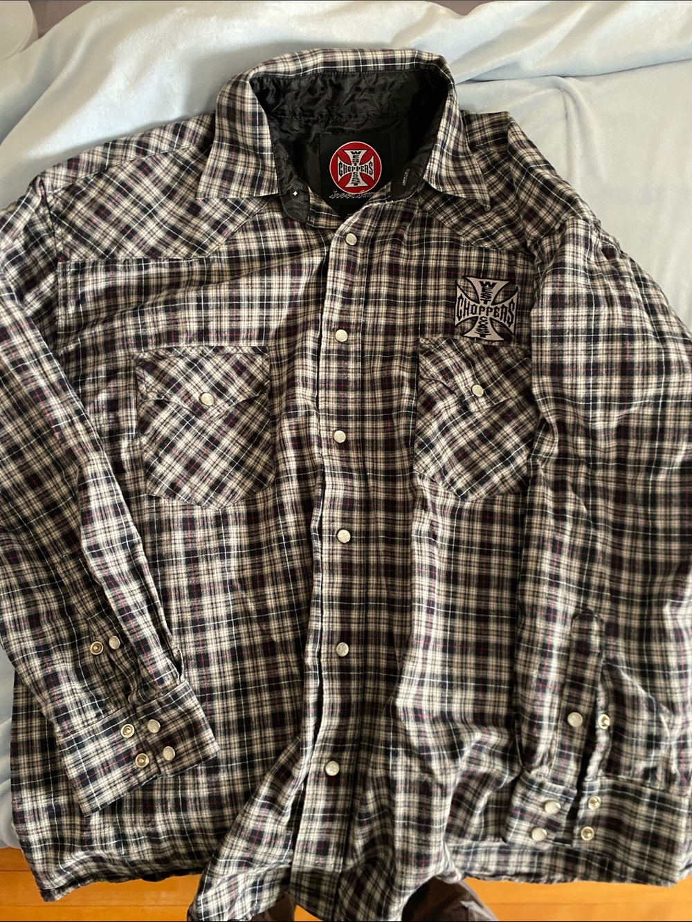 Jesse James West Coast Choppers flannel shirt- with WCC Cross logo on buttons